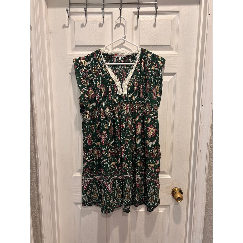 Jude Connally Green Floral Paisley Gold Foil Cotton Boho Dress Large Resortwear